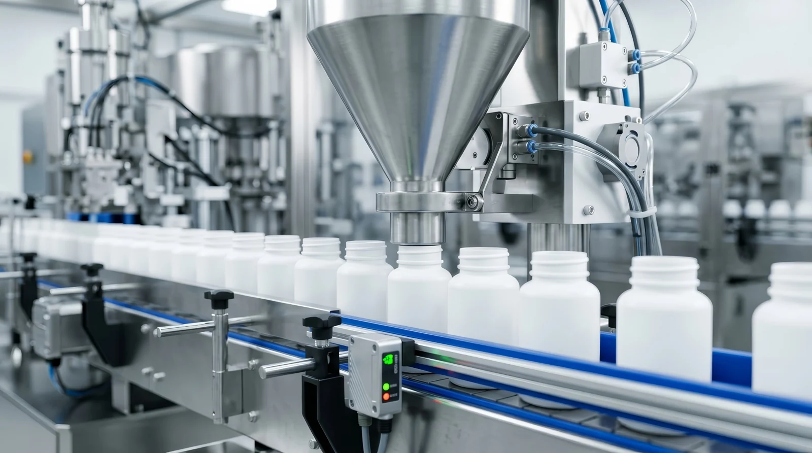 White bottles moving through an automated filling line