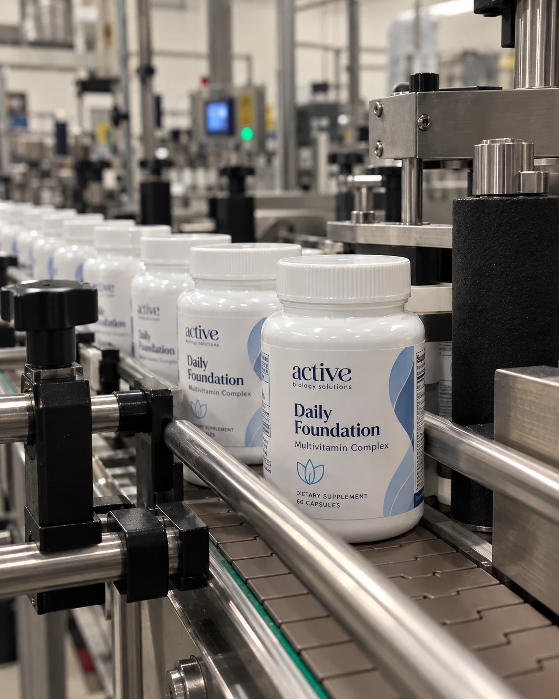 ABS Daily Foundation bottles on a packaging and labeling line