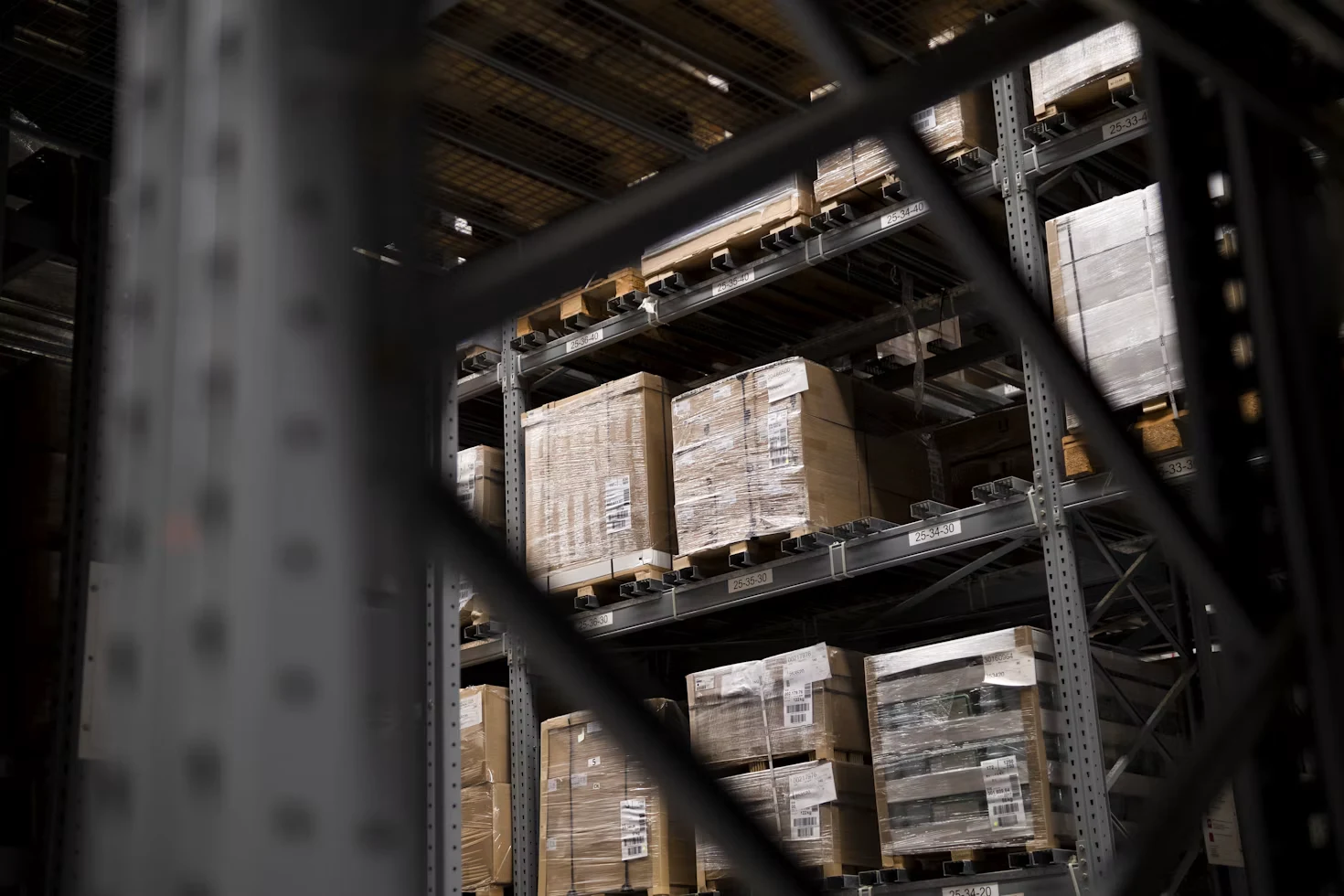 Wrapped pallets stored on warehouse shelving